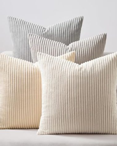 Topfinel 4 Packs Neutral Decorative Throw Pillows Covers 18x18 Inch for Living Room Couch Bed Sofa, Rustic Farmhouse Boho Home Decor, Soft Plush Striped Corduroy Square Cushion Case 45x45 cm