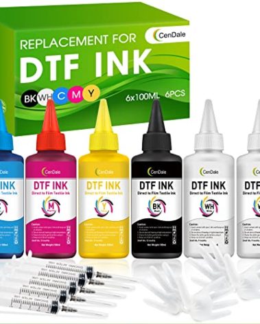 CenDale Premium DTF Ink 600ML- DTF Transfer Ink for PET Film, Refill for DTF Printers Epson ET-8550, XP-15000, L1800, L805, R1390, R2400, Heat Transfer Printing Direct to Film (100ml x 6, CMYK Wh)