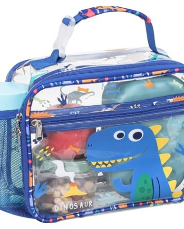 Bagseri Clear Kids Lunch Bags - Girls Lunch Box for School Reusable Snack Bag with Water Bottle Holder Stadium Approved Clear Bag, Blue Cute Dinosaur