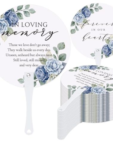 Teling 100 Pcs Funeral Favors Round Fans Bulk Plastic Handheld Remember Me Hand Held Parlor Fans with Handle Hand for Funeral Services Condolence Sympathy Gift(Blue Flower)