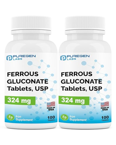 Puregen Labs Ferrous Gluconate 324 mg [High Potency] Iron Supplement, Gentle on Stomach | 2 Pack - 200 Tablets Total