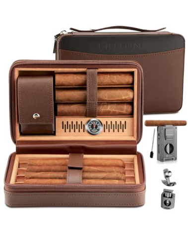 LIHTUN Cigar Humidor, Leather Cedar Wood Travel Cigar Case and Multifunctional in 1 Cigar Lighter Set Portable Travel Humidor Box Cigar Gift for Men (Brown)
