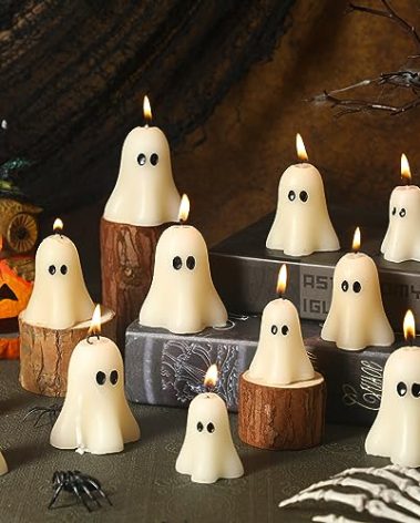 MTLEE 12 Pcs Halloween Ghost Candles Spooky Burning Candle Gifts Halloween Decoration Novelty Ghost Shaped Tea Lights for Party Table Home Decor(1.97/2.36/2.76 Inch,White)