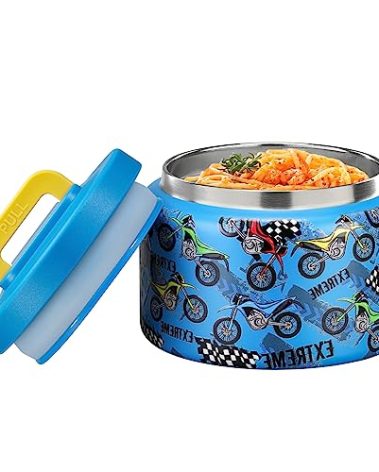 MAISON HUIS 8oz Soup Thermo Wide Mouth Vacuum Insulated Thermo Food Jar, Leak Proof Stainless Steel Thermo for Hot&Cold Food Kids Food Lunch Soup Container for School Travel (Blue-Locomotive)