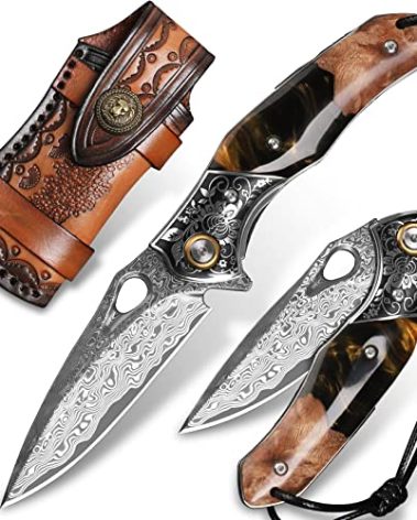 Minowe handmade Japan Damascus steel pocket knife，3.1" VG10 blade men and women Folding knife，With holster，Lining lock，resin and Maple handle，Suitable for EDC outdoor camping，go fishing hunting