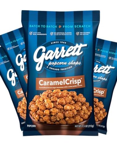 Garrett Popcorn CaramelCrisp, 7.5oz, 4 Bags,​ Caramel Gourmet Popcorn, Gluten Free, Sweet Snack, Popped Popcorn Bags