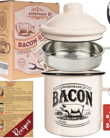 Bacon Grease Container with Strainer - With Food-Grade Silicone Spatula, 24oz Enamel Rustic Farmhouse Fat Container, Keeper, Recipes, Dishwasher Safe