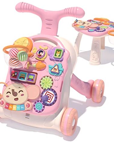 QDRAGON 3 in 1 Baby Walker and Activity Center for Girl, Learning to Walk, Sit to Stand, Early Educational Push Toys with Music Panel for Infant Toddler 12+ Months Pink