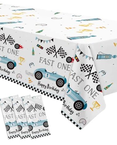 Suhelkit Fast One Birthday Decorations for Boys Tablecloth - Blue Race Car 1st Birthday Party Supplies Table Covers for Racing Car First | 3 Pack (54in x 108in)