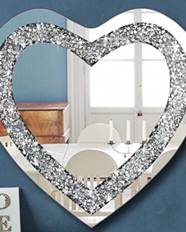 DMDFIRST Crystal Crush Diamond Heart Shaped Silver Mirror for Wall Decoration 24x24x1 inch Wall Hang Frameless Mirror Acrylic Diamond Décor.