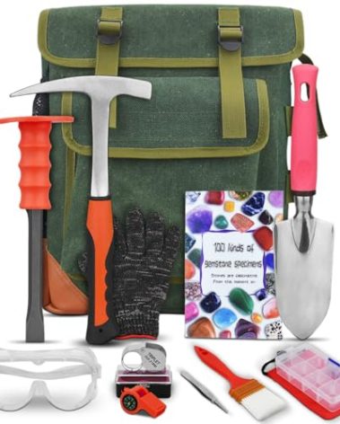 13-Piece Set - Geological Rock Pick and Hammer Set, Rockhound Field Guide - Backpacking Portable Chisel and 32-Ounce Hammer Set - Tools for Rock Hounding and Gold Mining (Red)