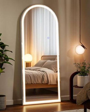 VooBang 56"x21" LED Mirror Full Length - Arched Floor Body Mirror with Dimmable Lights - 3 Color Modes, Standing Leaning Wall Mounted for Bedroom, Dressing Room