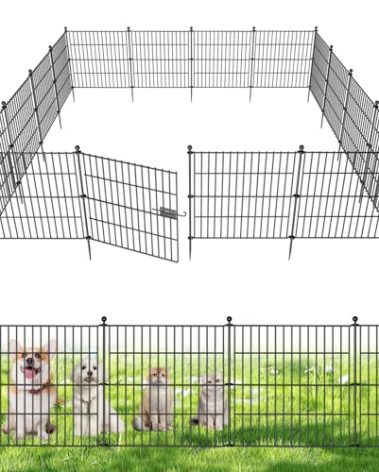 10 Panels No Dig Decorative Outdoor Garden Fence with Gate for Yard, 24 in(H) X 20 ft(L) Animal Barrier Fencing Rustproof Metal Wire Panel Border for Dog, Rabbits, and Patio Temporary Ground Stakes