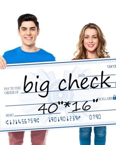 Big Check Giant Check 40x16 Inch Double-Sided Reusable Award Supply | Dual-Color Dry Erase Board for Corporate Events & Fundraisers (Black/Blue) with 2 Markers & Guide