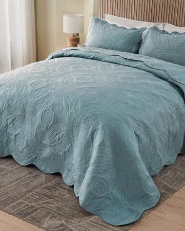 Kingnex Extra Wide Oversized King Bedspreads 128x120 for Tall King or Cal King Bed Ultrasonic Quilted Coverlet Set 3 Piece Include 1 Quilt 2 Pillowcases Blue