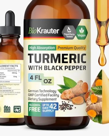 BIO KRAUTER Turmeric Supplement Tincture - 1200 mg Turmeric Curcumin with Black Pepper Extract - Alcohol and Sugar Free - Vegan Drops 4 Fl.Oz.