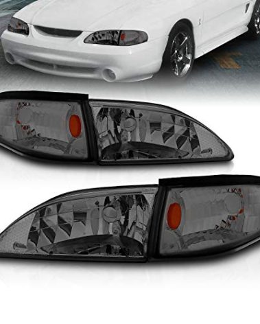 AmeriLite Smoke Replacement Headlights Corner Turn Signal Set For 94-98 Ford Mustang - Passenger and Driver Side