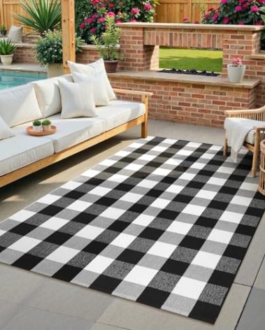 KIMODE Buffalo Plaid Rug 4'x6'Black and White Checkered Rug Farmhouse Cotton Hand-Woven Patio Rug Indoor Outdoor Area Rug Washable Floor Carpet for Front Door Front Porch Living Room
