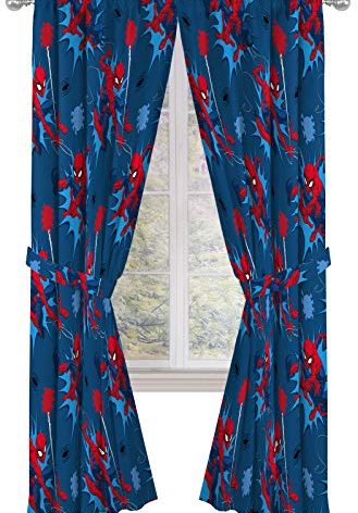 Jay Franco Kids Window Drapes - 4 Piece Curtain Set Includes 2 Tiebacks, Beautiful Bedding Room Décor and Easy Set Up, Blue - Spiderman, 84 Inch