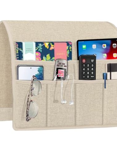 Joywell Beige Remote Control Holder Recliner Armchair Caddy Couch Caddy Sofa Armrest Organizer Linen Fabric Tan Taupe Sofa Arm Chair Caddie with 6 Pocket Storage for Magazine, Tablet, Phone, iPad