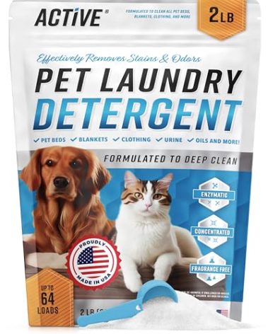 Pet Laundry Detergent Odor Remover - ACTIVE Enzyme Based Powder Detergent for Dogs Beds, Cat Pee, HE Washer Friendly Natural Enzymatic Deodorizer, Urine, Smell, Dog Drool, Stain Eliminator - 64 Loads