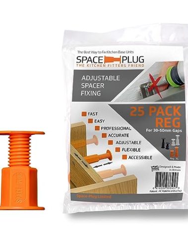 Space-Plug Adjustable Spacer Fixings (Regular Size for 30-50mm Gaps), 25 Pack of Original Orange Spacers, Professional & DIY use for Kitchen, Bedroom, Bathroom & Furniture installations