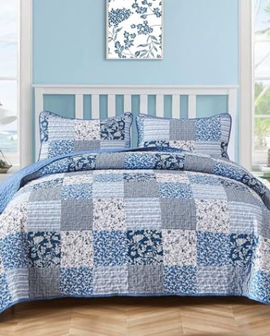 Mybedsoul Blue Quilt Set California King, 3 Pieces Plaid Floral Bedspread Set Patchwork Reversible Bedding Set Microfiber Lightweight Bedspread Coverlet Set for All Season 112"x96"