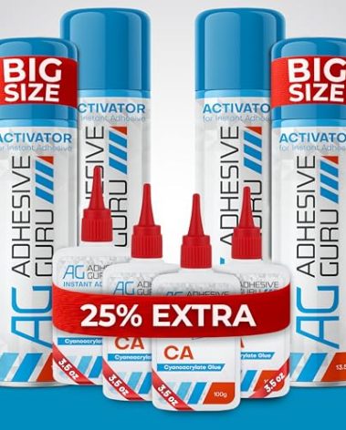 Adhesive Guru CA Glue with Activator for Woodworking (4 x 3.5 oz - 4 x 13.5 fl oz) Cyanoacrylate Glue for Metal, Plastic, Rubber, DIY, Crafts, Fast Bond Repairs (4 Pack)