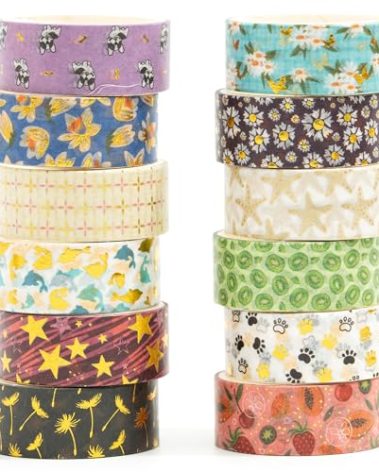 Songdao 12 Rolls Charming Washi Tape Set Gold Silver Foil Detailing Arts Adhesive Tapes Basic Patterns Decorative Masking Tape Sets for Craft, Kids, Scrapbook, DIY, Gift Wrapping (Mystical Forest)