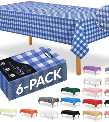 Utopia Kitchen Plastic Table Cloth Disposable (6 Pack - 54x108 Inch) Blue Check Rectangle Tablecloth Waterproof Stain Resistant Party Table Cover