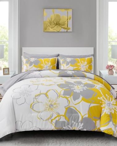 Yellow Floral Comforter Set King Size 7 Pieces Reversible Bed in a Bag with Sheets Set for All Season, Soft Microfiber Complete Bedding Set King (104"x90")