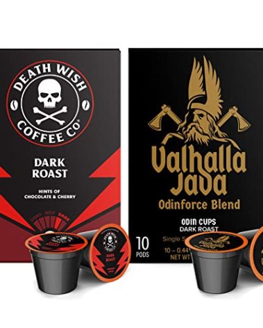 Death Wish Coffee, Strong Coffee Pods Extra Kick of Caffeine & Valhalla Java Odinforce Blend Single-Serve Coffee Pods - Made with USDA Certified Organic - Fair Trade - Arabica & Robusta Beans (20 Count)