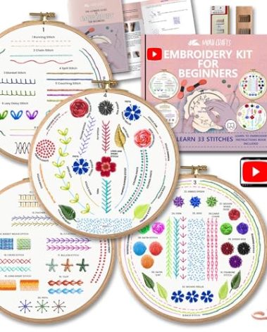 Moni Crafts Embroidery Kit for Beginners – DIY Hand Embroidery Set for Adults and Kids with 4 Stamped Patterns, Hoop, Threads, Needles and Step-by-Step Stitch Guide to Learn 33 Stitches