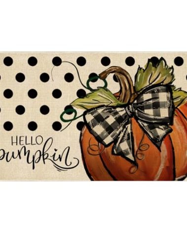 Xsinufn Fall Door Mat Outside,Polka Dot Hello Pumpkin Welcome Mat for Front Door,Thanksgiving Autumn Indoor Outdoor Non-Slip Rugs,Fall Doormat for Farmhouse Home Porch Decorations 30" x 17"