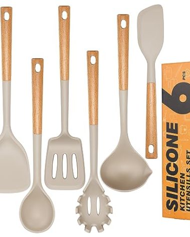 Hvygss Silicone Cooking Utensils Set, Heat Resistance Large Kitchen Utensils Set with Long Wooden Handle, BPA-free Silicone Spatula, 6 Pcs Cooking Spoons for Non Stick Frying Pans and Pots(Khaki）