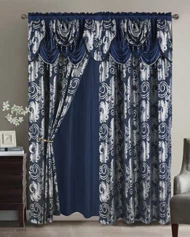 GLORY RUGS Jacquard Luxury Window 2 Panel Set Navy Curtain with Attached Valance and Backing Bedroom Living Room Dining 2 Curtains 55x84 inches Each Jana