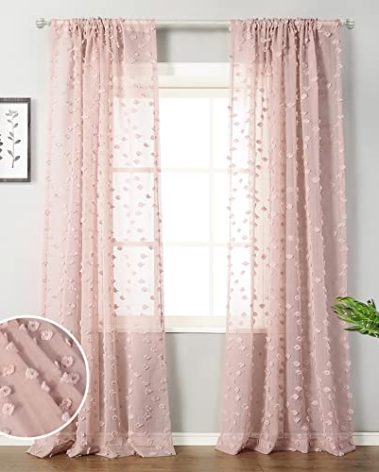 MYSKY HOME Pom Pom Pink Sheer Curtains for Bedroom Light Filtering Semi-Sheer Curtains for Nursery Girls Kids Room Rod Pocket Boho Voile Window Draperies Dusty Pink 52 x 95 inch 2 Panels