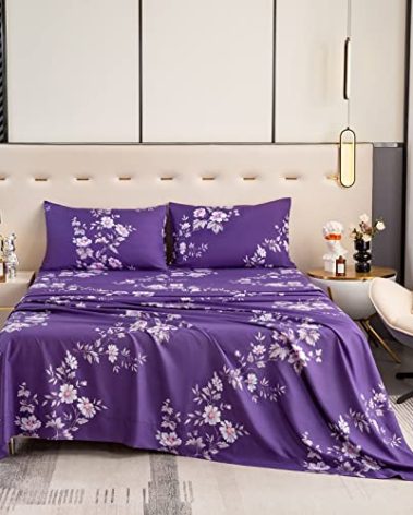 Bedlifes Queen Sheet Set Ultra Soft, Breathable, Silky Flower Deep Pocket 100% Microfiber Bedding, 4 Piece Queen Size Dark Purple Floral