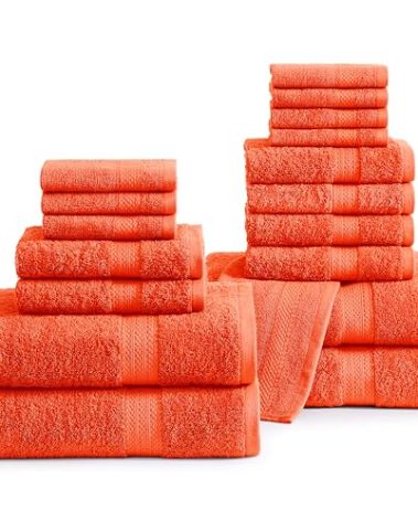 LANE LINEN 100% Cotton 18 Piece Bath Towel Set - Ring Spun, Quick Dry, Highly Soft & Absorbent - 4 Bath, 8 Washcloths, 6 Hand Towels - Oeko Tex Certified Hotel Quality Bathroom Towel Set - Tiger Lily