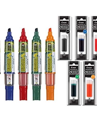Refillable Dry Erase Markers, Pilot BeGreen V Board Master Assorted Colors, 5-Pack With 1 Refill For Each Marker