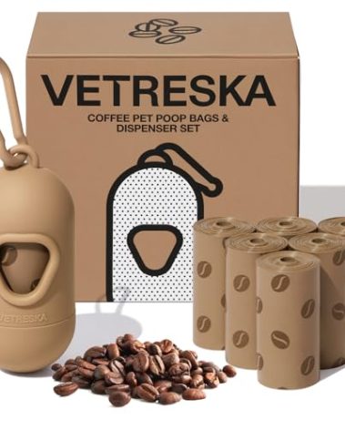 VETRESKA Dog Poop Bags Dispenser with Coffee Scented Waste Bags, Leak Proof, Extra Thick & Strong, 1 Holder and 105 Count Pet Poop Bags (7 Refill Rolls) for Dogs and Cats