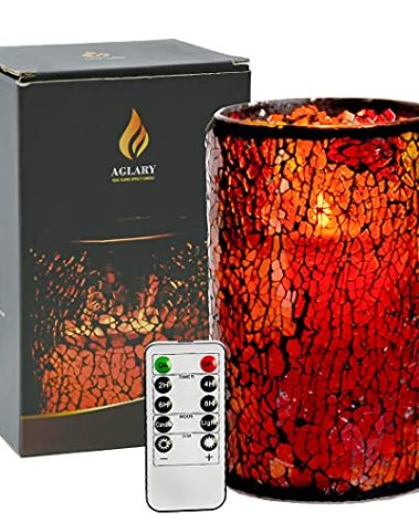 AGLARY 5”Battery Operated Mosaic Glass Flameless Candles, LED Pillar Candles with Timer for Home, Party, Halloween and Christmas,Red