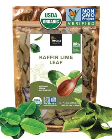 INCAS 100% USDA Organic Kaffir Lime Leaves 0.53 oz Direct From Source Thailand Original Authentic Thai Flavor & Citrus Aroma ใบมะกรูดเเห้ง Whole Dried Uncrumpled Leaves Freshly Picked & Easy To Use