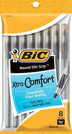 BIC Round Stic Grip Xtra Comfort Ballpoint Pen, Medium Point (1.2mm), Black, 8-Count