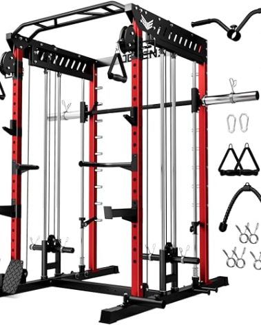 JELENS M21 Smith Machine, Multi-Function Power Cage with Dual Pulley Cable Crossover System, 2000LBS All-in-One Squat Rack with Smith Bar and Attachments (Red, M21 Smith Machine)