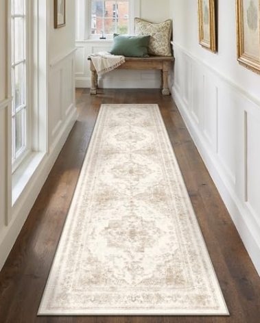 PureCozy Runner Rug 2x12 Cream Hallway Washable Beige Carpet Non Slip Vintage Medallion Beige Carpet Low Pile Soft Distressed Retro Indoor Long Rug for Entryway Kitchen Bathroom Laundry Bedroom