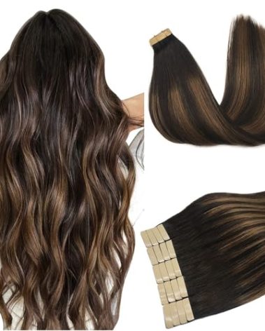 DOORES Hair Extensions Tape in Human Hair Balayage Dark Brown to Chestnut Brown 20pcs 50g 20 Inch Silky Straight Tape in Human Hair Extensions Natural Hair Skin Weft