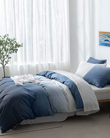 100% Cotton Duvet Cover King Size - Reversible Ocean Blue Duvet Cover Set with Button Closure, Gradient Navy Blue Bedding Set 3 Pcs, 1 Duvet Cover 104"x90" with 4 Corner Ties and 2 Pillow Shams 20"x36