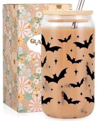 Fairy's Gift Halloween Bats Cup, Halloween Spooky Gifts, Bat Lovers Gothic Glass Cup, Cute 16 oz Iced Coffee Glass Tumbler, Boo Basket Stuffers, Goth Girl Party Stuff, Gothic Spooky Gifts for Women