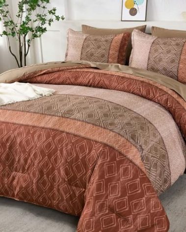 Dinjoy Red Brown King Size Comforter Set,Striped Boho Bed in a Bag King 7 Pieces Soft Fall Bedding Comforters Sets Microfiber Complete Bed Sets for All Season